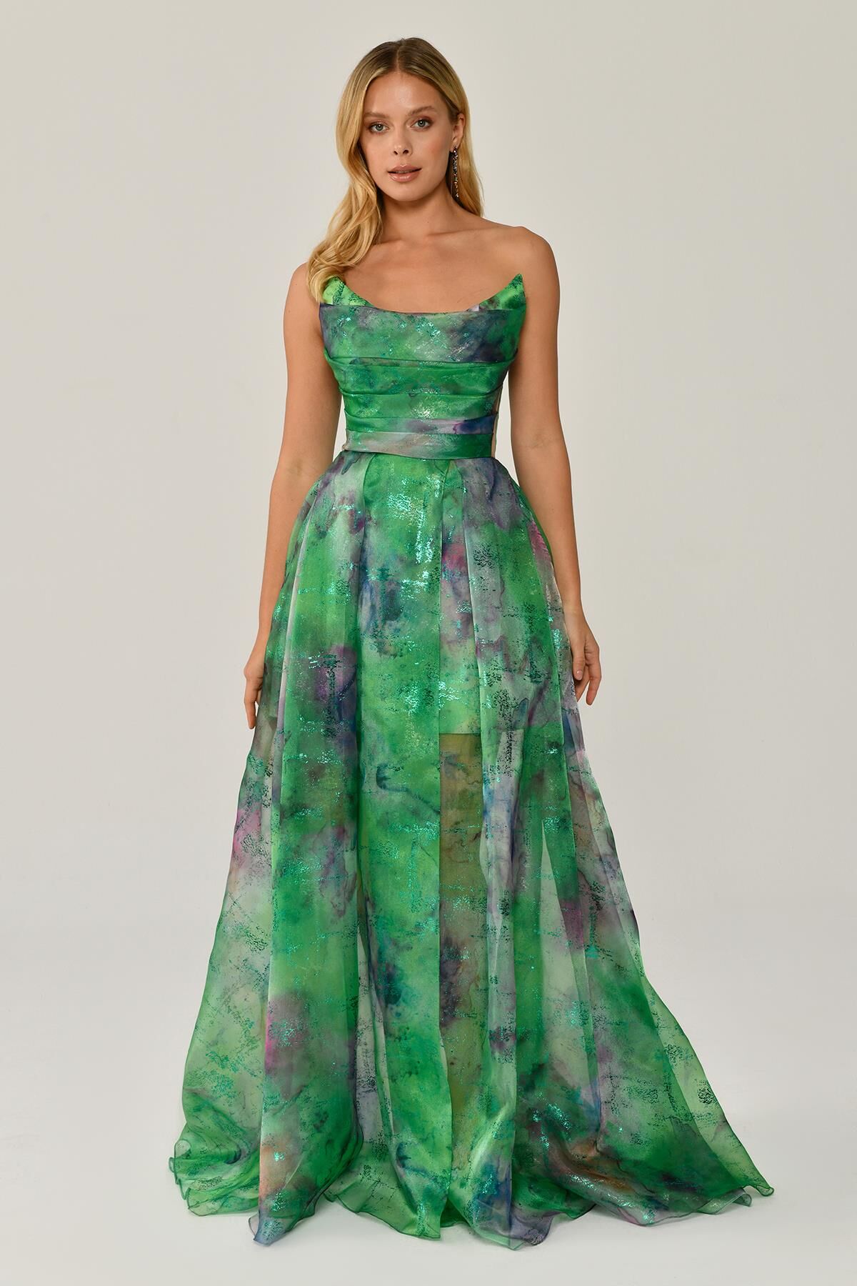 Kayık Yaka Desenli Tül Uzun Elbise YEŞİL ZEBRA - 40