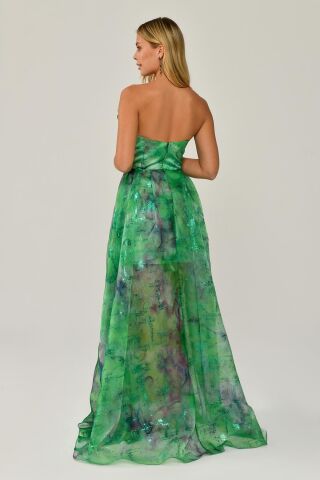 Kayık Yaka Desenli Tül Uzun Elbise YEŞİL ZEBRA - 40