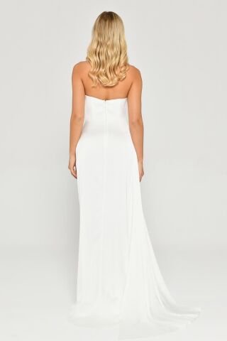 Kayık Yaka Yırtmaçlı Saten Elbise Beyaz - 40