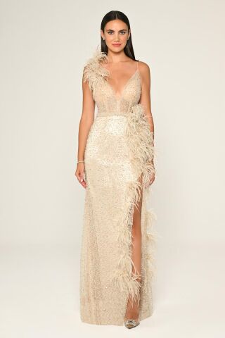 İp Askılı Otrişli Yırtmaçlı Payet Uzun Elbise EKRU - 36