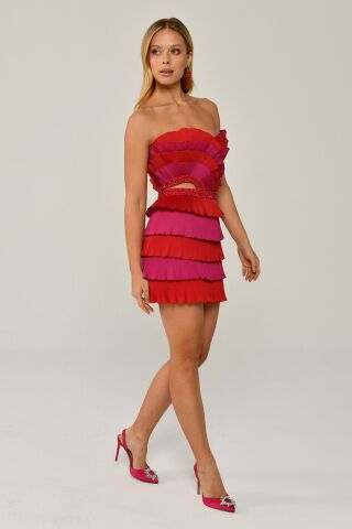 Straplez Katlı Pliseli Tafta Kısa Elbise KIRMIZI / FUŞYA - 38