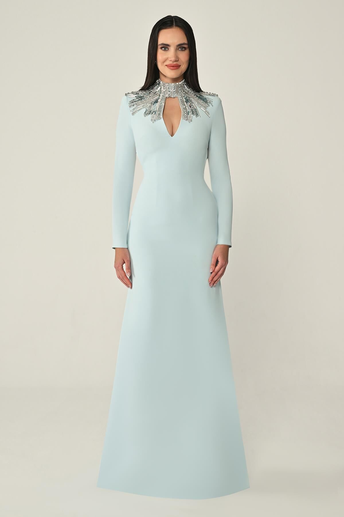 Uzun Kollu Üst Aksesarlı Sırt Dekolteli Krep Uzun Elbise AÇIK MAVİ - 36