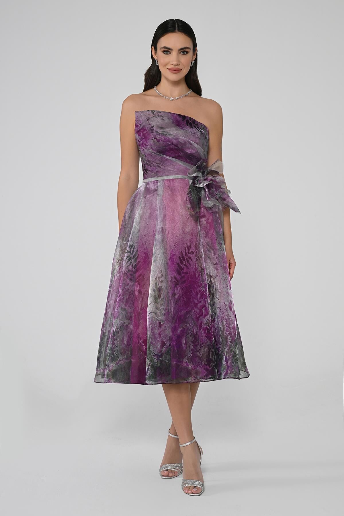 Straplez İçi Tafta Dışı İpek Organze Kumaş Midi Elbise FUŞYA / YEŞİL - 40