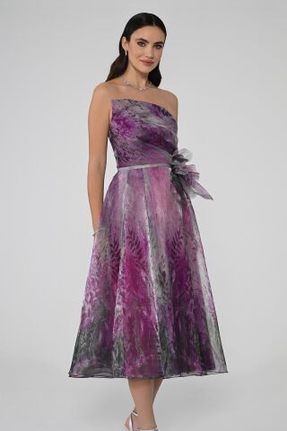 Straplez İçi Tafta Dışı İpek Organze Kumaş Midi Elbise FUŞYA / YEŞİL - 40