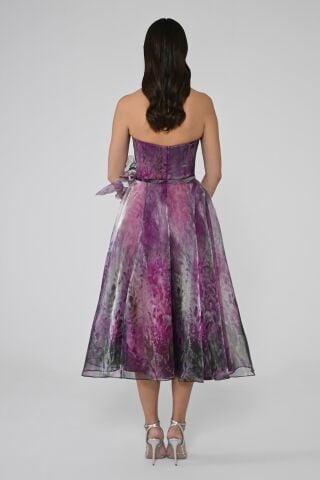 Straplez İçi Tafta Dışı İpek Organze Kumaş Midi Elbise FUŞYA / YEŞİL - 40