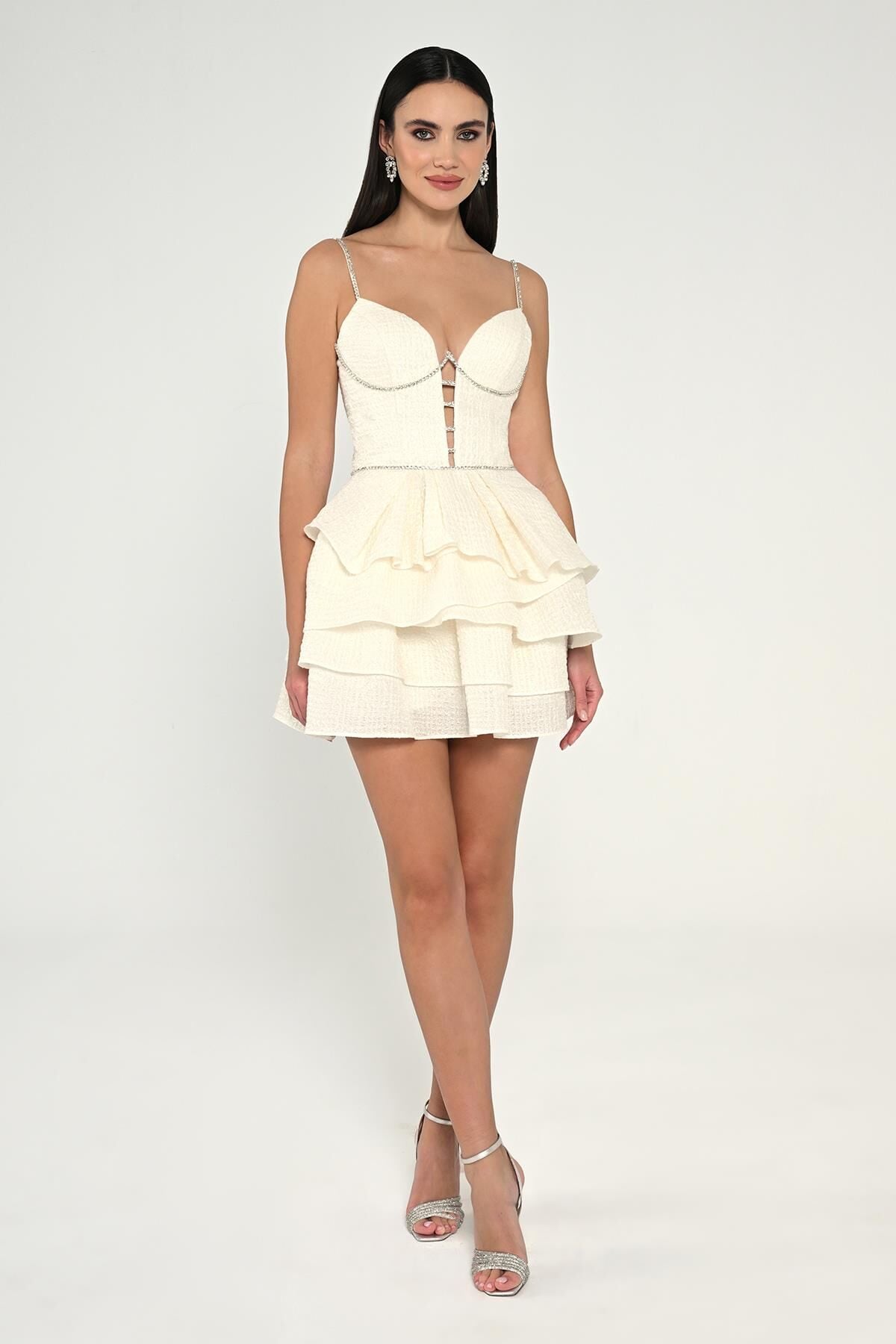 Askılı Şerit Taş Aksesuarlı Jakar Kısa Elbise Beyaz - 36