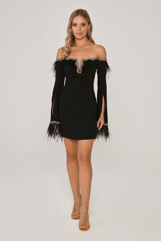 Düşük Kol Kenarları İşlemeli Tüylü Krep Kısa Elbise Siyah - 42