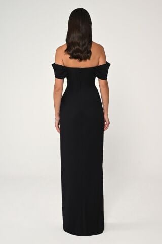 Düşük Omuz Yandan Yırtmaçlı Uzun Elbise Siyah - 44