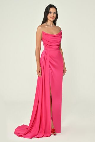 Kayık Yaka Yırtmaçlı Saten Elbise Fuşya - 40