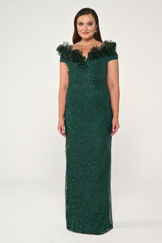 Çiçekli Kayık Yaka Payet Uzun Elbise AÇIK ZÜMRÜT - 44