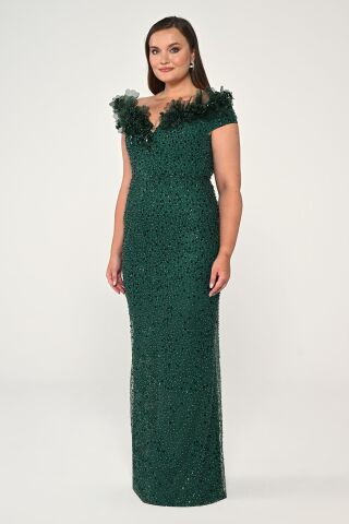 Çiçekli Kayık Yaka Payet Uzun Elbise AÇIK ZÜMRÜT - 44