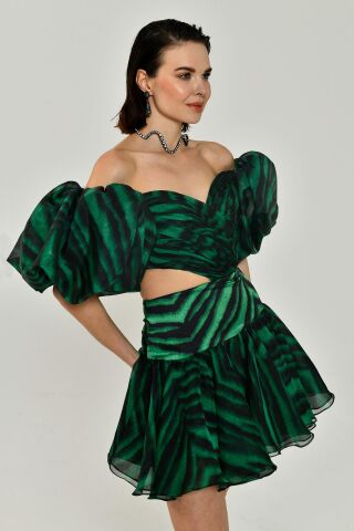 Düşük Balon Kol Kalp Göğüs Şifon Kısa Elbise YEŞİL ZEBRA - 38