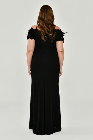 Kayık Yaka Otriş Aksesuarlı Krep Uzun Elbise Siyah - 48