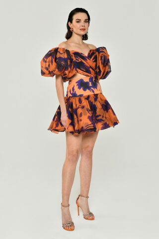 Düşük Balon Kol Kalp Göğüs Şifon Kısa Elbise MOR / ORANGE - 36