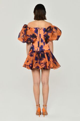 Düşük Balon Kol Kalp Göğüs Şifon Kısa Elbise MOR / ORANGE - 36