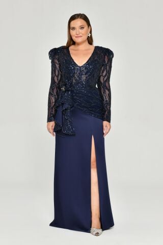 Vatkalı Uzun Kol Yırmaçlı Uzun Elbise Lacivert - 42