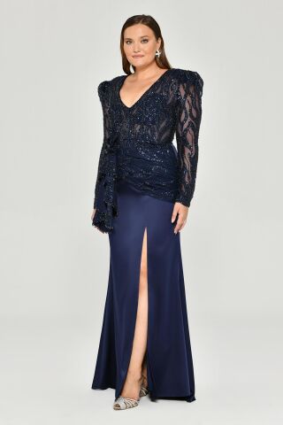 Vatkalı Uzun Kol Yırmaçlı Uzun Elbise Lacivert - 42