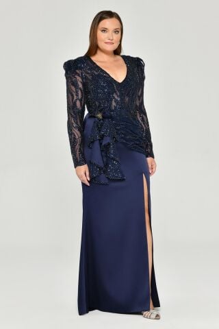 Vatkalı Uzun Kol Yırmaçlı Uzun Elbise Lacivert - 42