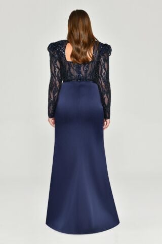 Vatkalı Uzun Kol Yırmaçlı Uzun Elbise Lacivert - 42