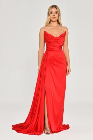 Kayık Yaka Yırtmaçlı Saten Elbise Kırmızı - 44