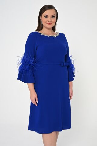 Taşlı Bisiklet Yaka Kolları Tüylü Krep Midi Elbise SAKS - 48
