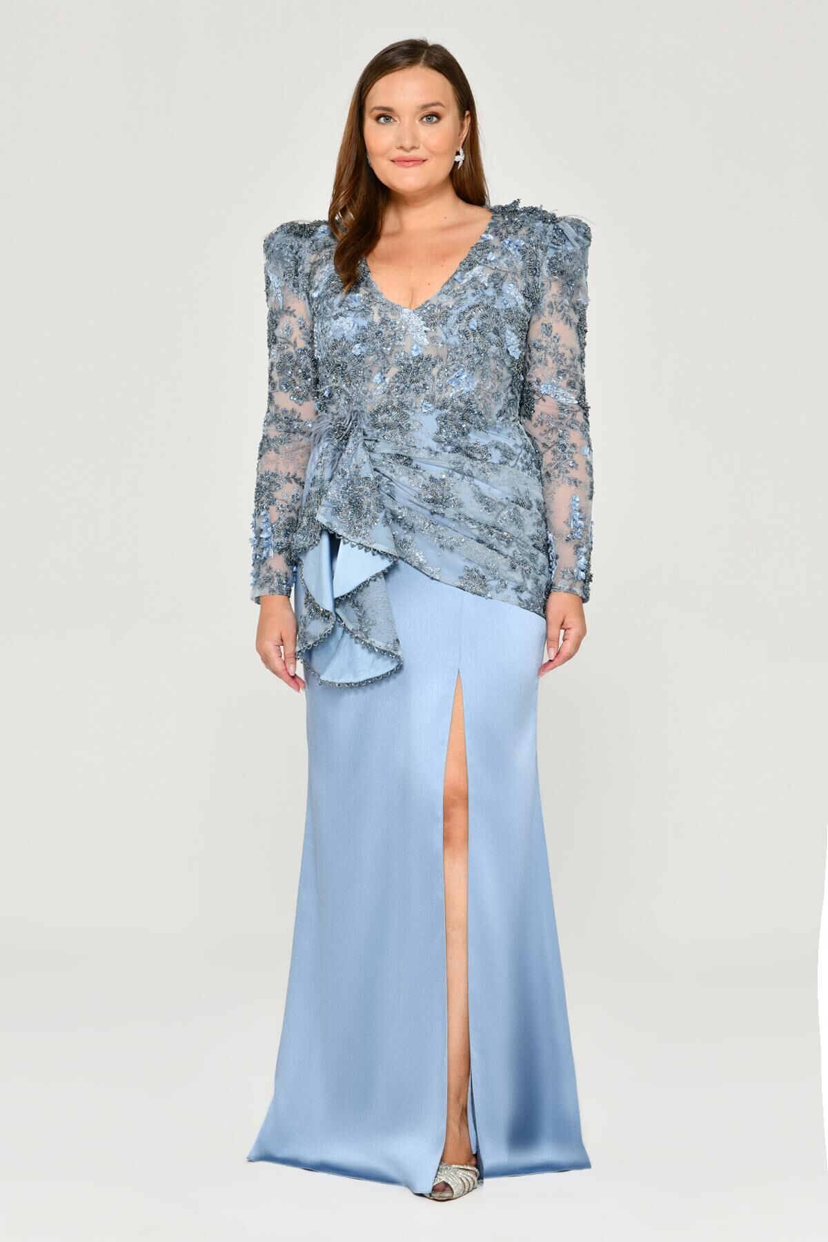 Vatkalı Uzun Kol Yırmaçlı Uzun Elbise MAVİ - 46