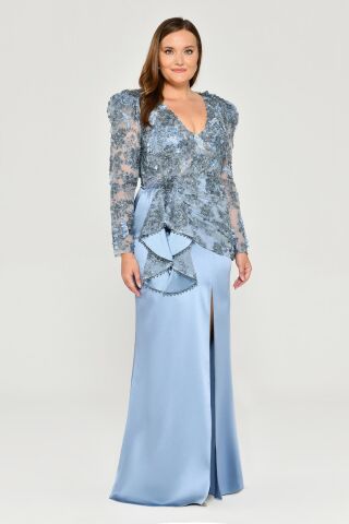 Vatkalı Uzun Kol Yırmaçlı Uzun Elbise MAVİ - 46