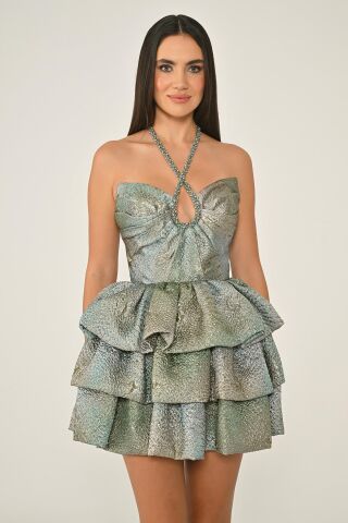 Boyundan Çapraz Askılı Jakar Kısa Elbise MAVİ / SARI - 42