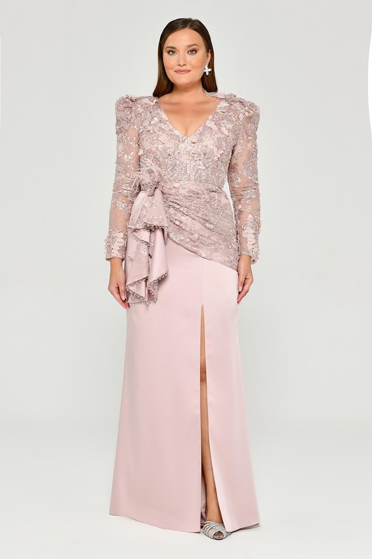 Vatkalı Uzun Kol Yırmaçlı Uzun Elbise Pudra - 46