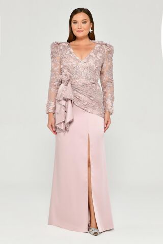 Vatkalı Uzun Kol Yırmaçlı Uzun Elbise Pudra - 46