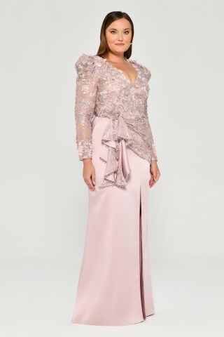 Vatkalı Uzun Kol Yırmaçlı Uzun Elbise Pudra - 46