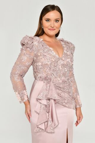 Vatkalı Uzun Kol Yırmaçlı Uzun Elbise Pudra - 46