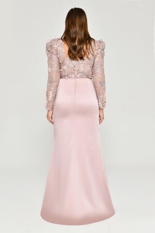 Vatkalı Uzun Kol Yırmaçlı Uzun Elbise Pudra - 46