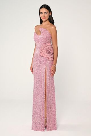 Straplez Göğüsü Asimetrik Kesim Payet Kumaş Uzun Elbise Pembe - 42