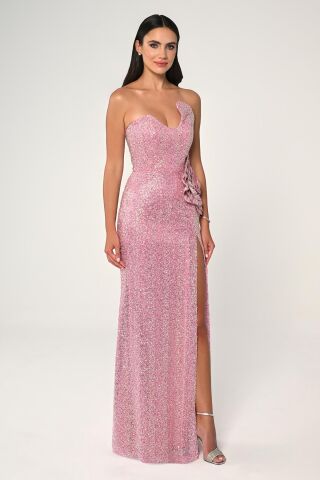 Straplez Göğüsü Asimetrik Kesim Payet Kumaş Uzun Elbise Pembe - 42