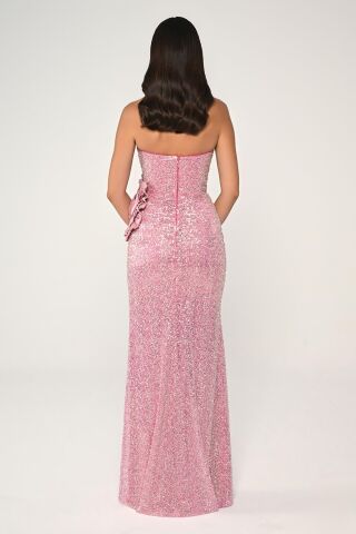 Straplez Göğüsü Asimetrik Kesim Payet Kumaş Uzun Elbise Pembe - 42