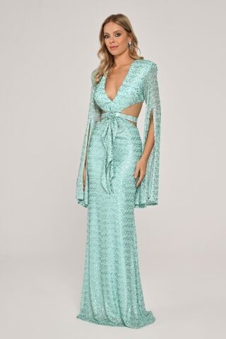 Dökümlü Uzun Kol V Yaka Payetli Uzun Elbise MİNT - 40