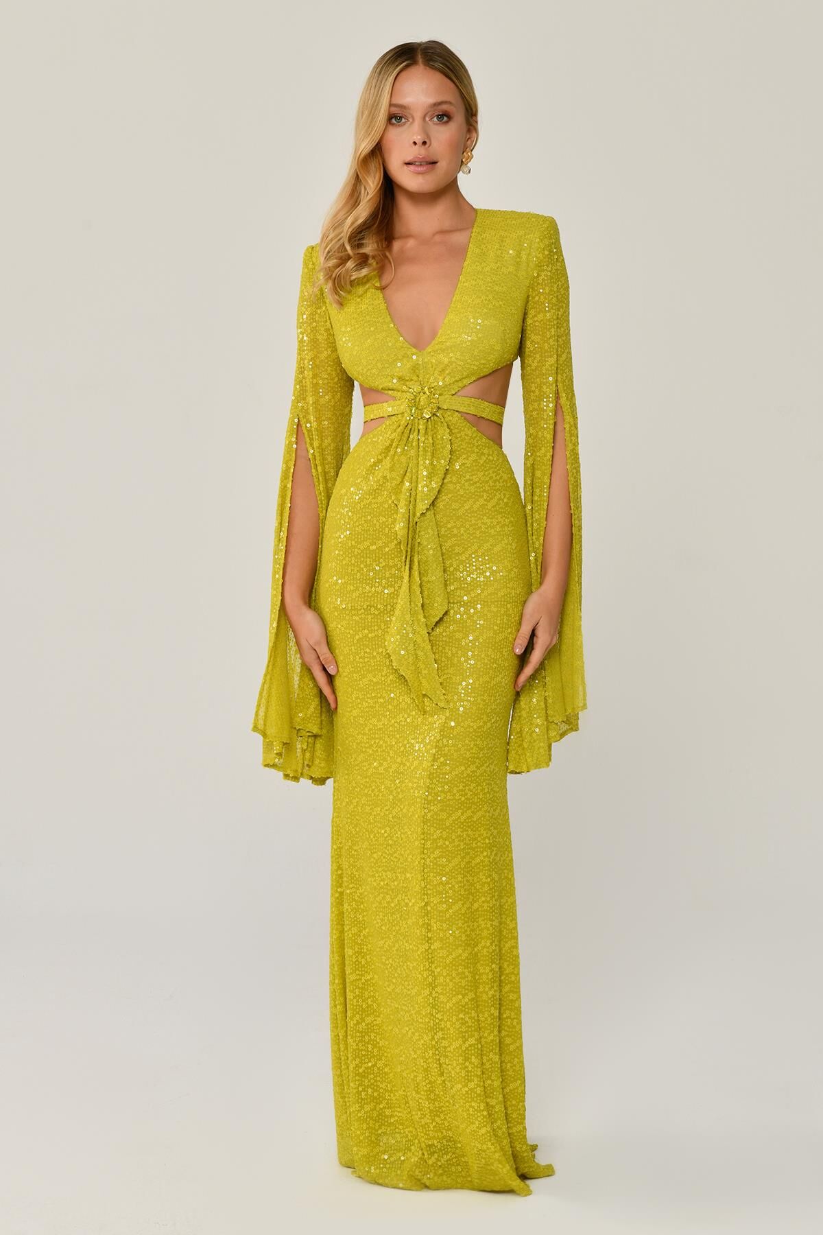 Dökümlü Uzun Kol V Yaka Payetli Uzun Elbise OKSİT YEŞİL - 40