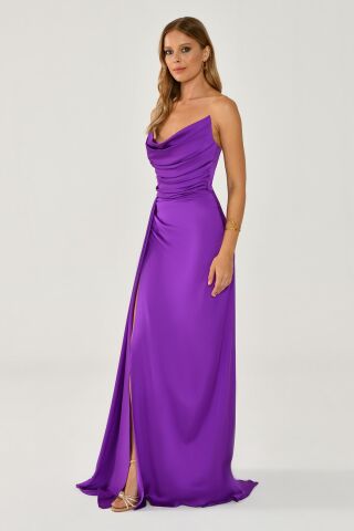 Kayık Yaka Yırtmaçlı Saten Elbise Mor - 42