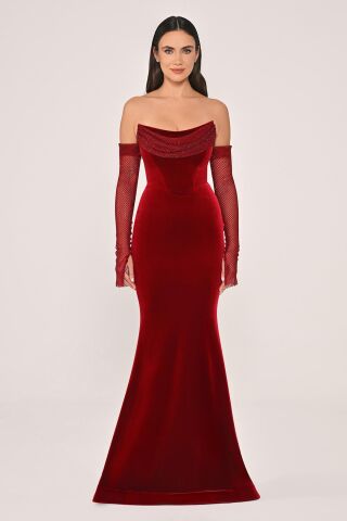Taşlı File Kollu Balık Kesim Kadife Uzun Elbise Kırmızı - 36