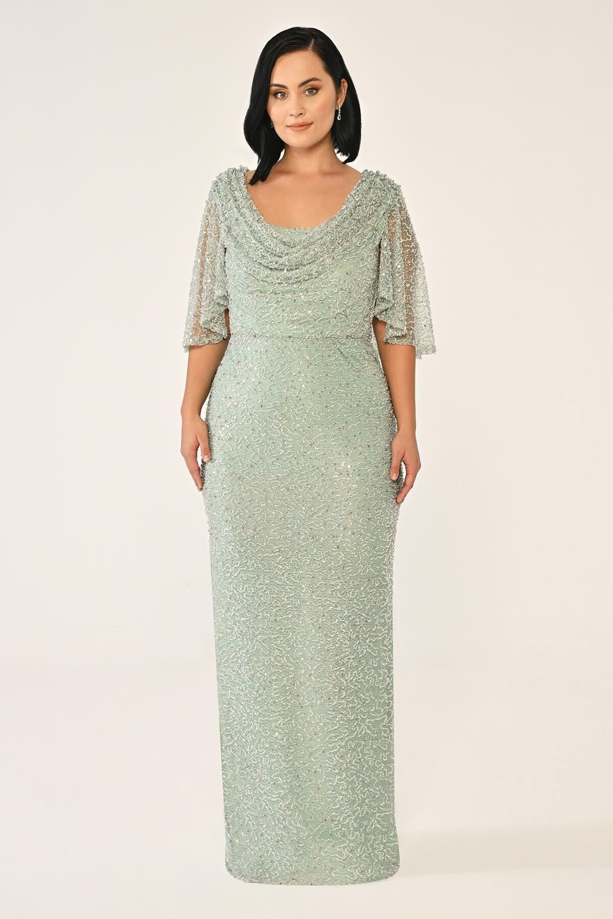 Degaje Yaka Şal Kısa Kol Payet Uzun Elbise MİNT - 48