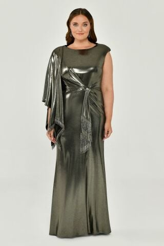 One Shoulder Shawl Tassel Belted Shiny Fabric Long Dress