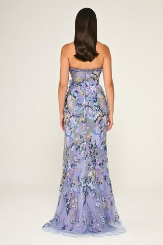 Straplez Beli Çiçek Aksesuarlı Payet Uzun Elbise Lila - 40