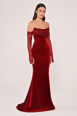 Taşlı File Kollu Balık Kesim Kadife Uzun Elbise Kırmızı - 38
