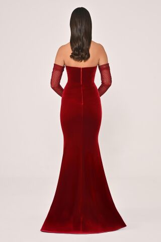 Taşlı File Kollu Balık Kesim Kadife Uzun Elbise Kırmızı - 38