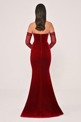 Taşlı File Kollu Balık Kesim Kadife Uzun Elbise Kırmızı - 40