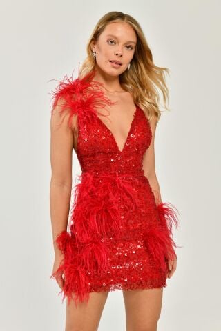 V Yaka Sırt İp Askılı Otrişli Payetli Kumaş Kısa Elbise Kırmızı - 40