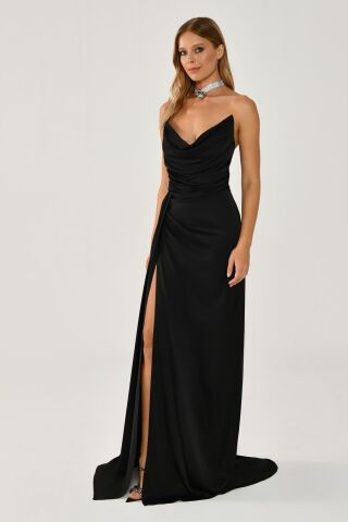 Kayık Yaka Yırtmaçlı Saten Elbise Siyah - 40