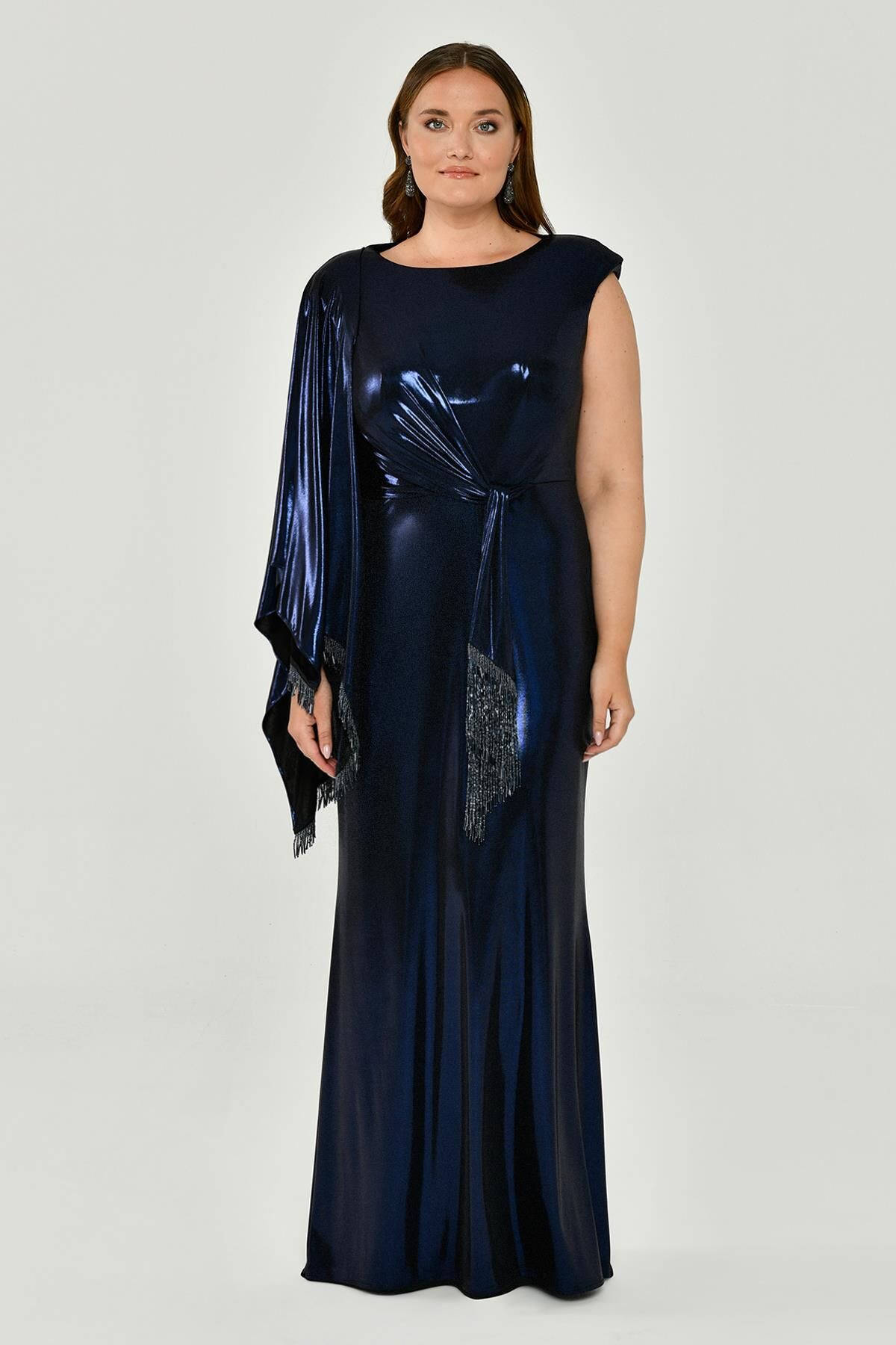 Tek Omuz Şallı Püskül Kuşaklı Parlak Kumaş Uzun Elbise Lacivert - 42