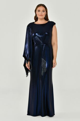 Tek Omuz Şallı Püskül Kuşaklı Parlak Kumaş Uzun Elbise Lacivert - 42